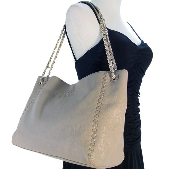 TORY BURCH Marion $495 Pebbled Taupe Leather Whipstitch Chain Tote Shoulder Bag - Picture 7 of 12